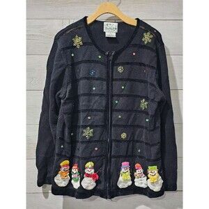Size L Snowmen Christmas Cardigan Sweater Chenille Trim Holiday Quaker Factory